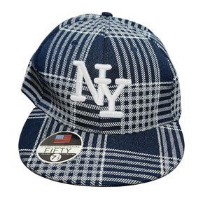 New York NY Fifty Plaid Baseball Cap Hat Navy Blue And White One Sz 7.5